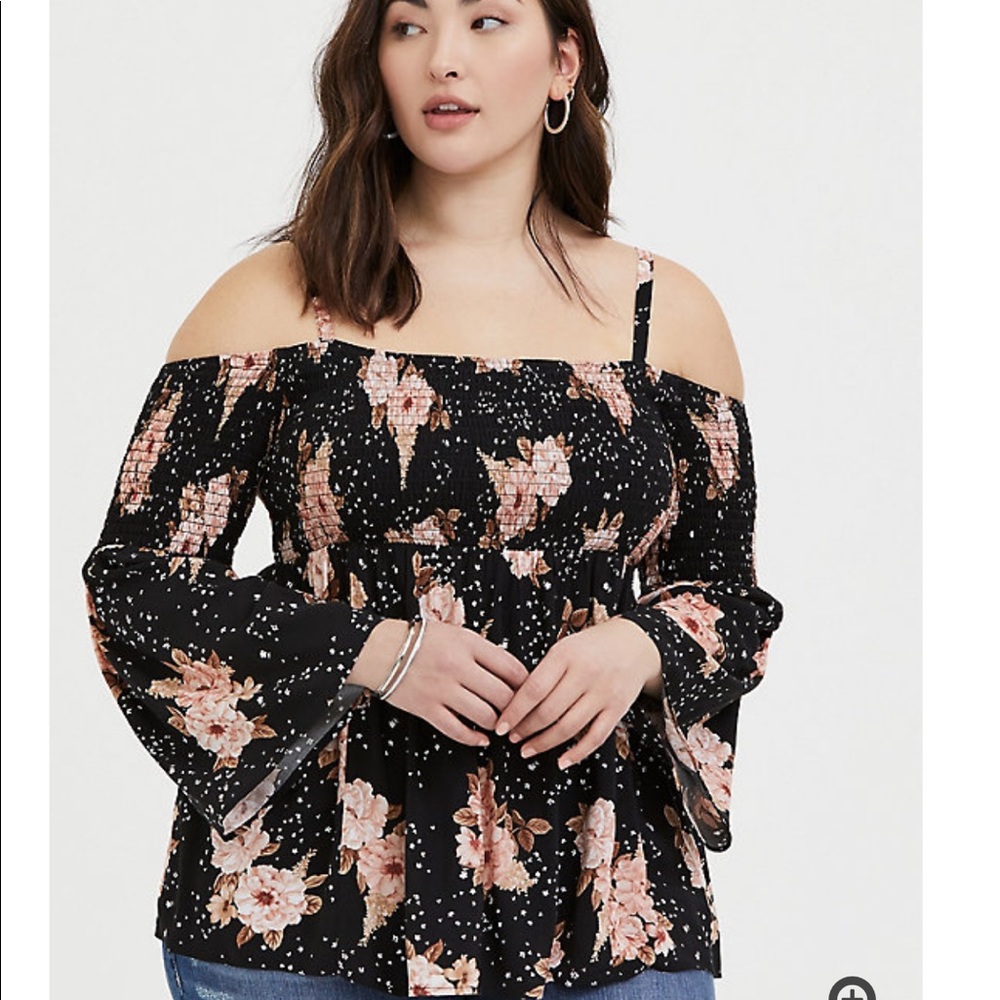 Black Floral Challis Cold Shoulder Top